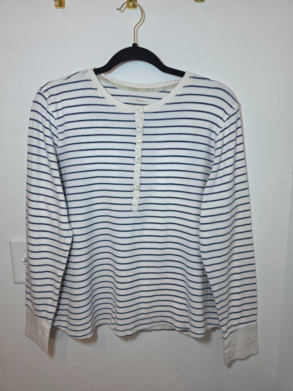LL Bean Henley Waffle Knit Thermal Shirt Size XL Navy White Outdoor Gorpcore